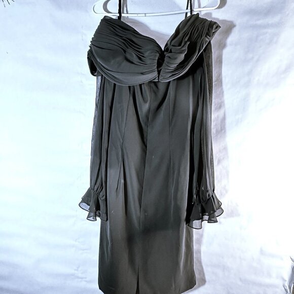 Saks Fifth Avenue AJ Bari Dress Chiffon Size 10 Sheer Ruched Cold Shoulder Black - Picture 8 of 9